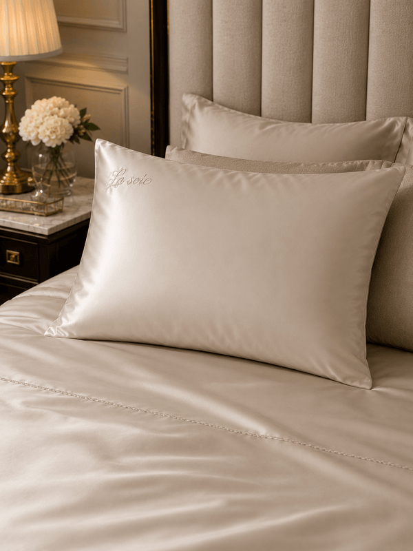 Taie d'oreiller en soie de mûrier beige installée sur un lit