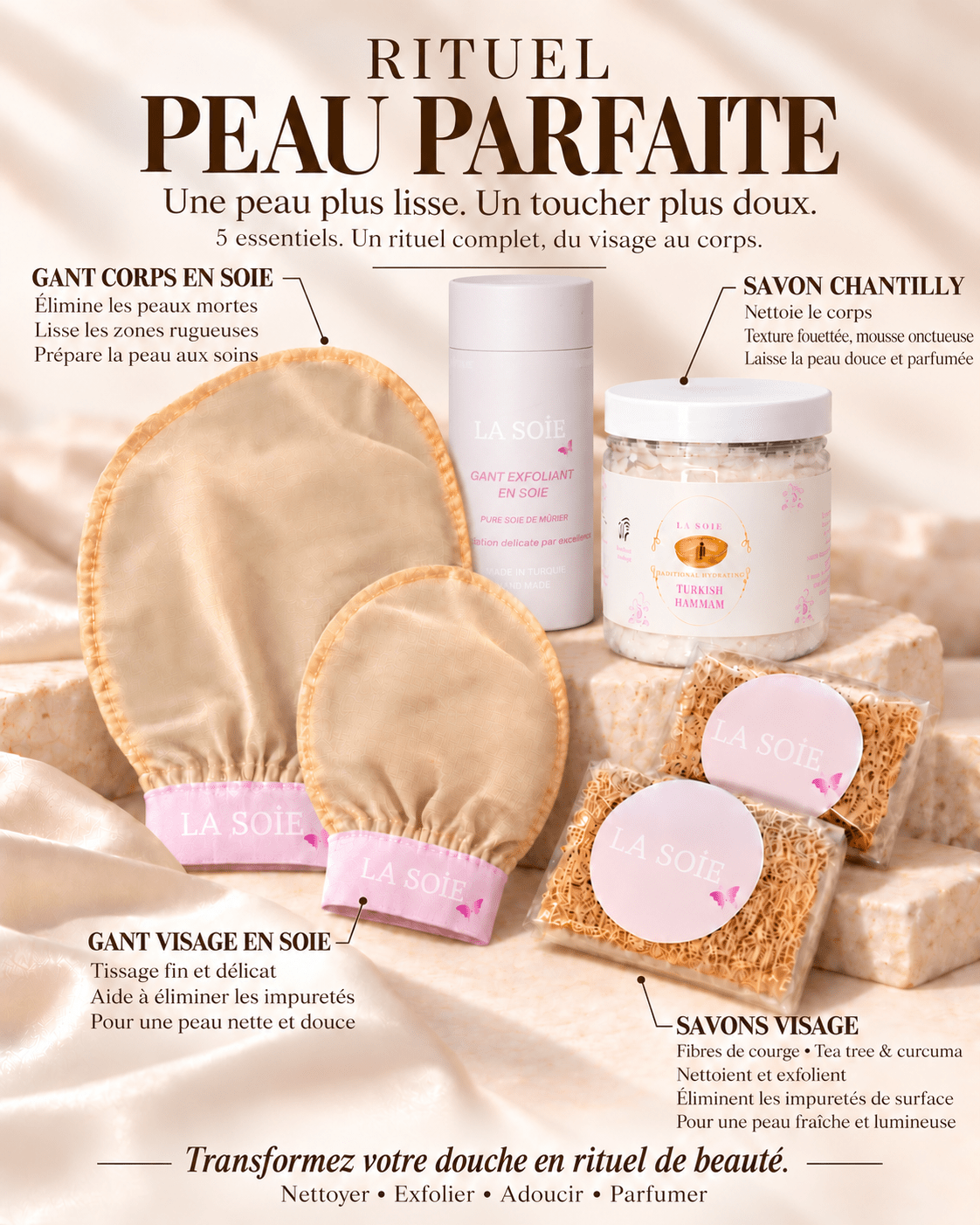 Rituel Peau Parfaite LA SOIE : gants visage et corps en soie, cylindre rose, savons aux fibres de courge et savon chantilly Hammam. Parfum du coffret au choix.
